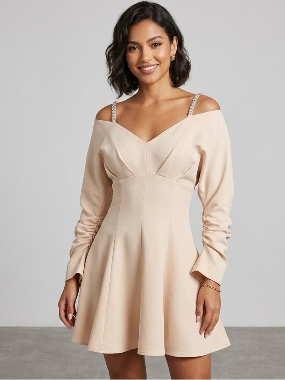 Elegant Tan Dress With Sequin Accents NWT